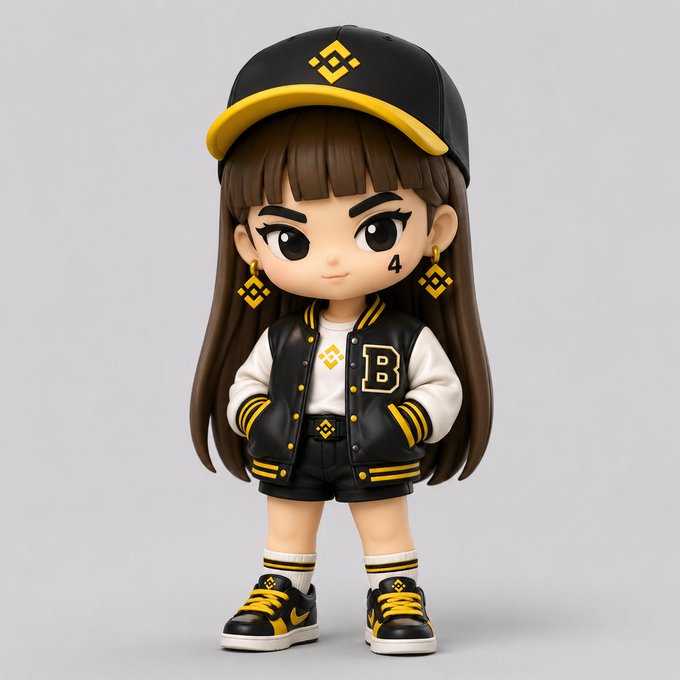 The image features a small figurine of a girl wearing a black and yellow jacket, a baseball cap with a yellow diamond design, and matching shoes. The figurine appears to be posed for a photo or drawing, possibly as part of an art project or creative display. The caption accompanying the image provides context about the figurine's creator and their interests in gemstones and jewelry.