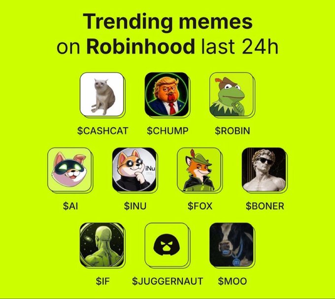 The image displays a promotional graphic titled "Trending memes on Robinhood last 24h" against a bright green background, featuring 10 meme coin icons with tickers including $CASHCAT, $CHUMP, $ROBIN, $AI, $INU, $FOX, $BONER, $IF, $JUGGERNAUT, and $MOO, each represented by various animal and character images (such as a cat, Donald Trump, Kermit the Frog, a Shiba Inu, and an alien). The graphic ties directly into the accompanying post, which claims Robinhood is airdropping these trending meme tokens to the first 100 users who submit their wallet address — a classic setup for a crypto giveaway scam designed to harvest personal information.