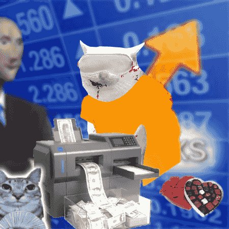 A surreal internet meme collage featuring a figure with a white bleeding cat head and an orange dollar sign body standing behind a money printer, set against a blue stock market data background, with a cat and pixel heart in the corner.