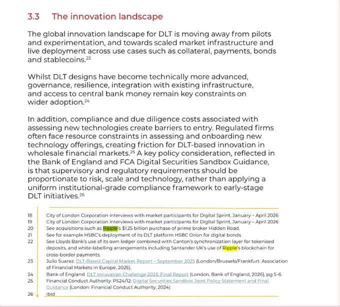 The image shows page 3.3 titled "The innovation landscape," discussing how DLT (Distributed Ledger Technology) is moving toward scaled market infrastructure in collateral, payments, bonds, and stablecoins. Footnote 21 specifically references "Lloyds Bank's use of its own ledger combined with Canton's synchronization layer for tokenised deposits, and white-labelling arrangements including Santander UK's use of Ripple's blockchain for cross-border payments" — directly supporting the post's claim about Ripple/XRP enabling wholesale tokenization and London being ready for tokenized finance, though XRP reaching $10,000 is speculative and not supported by the conservative regulatory text shown.