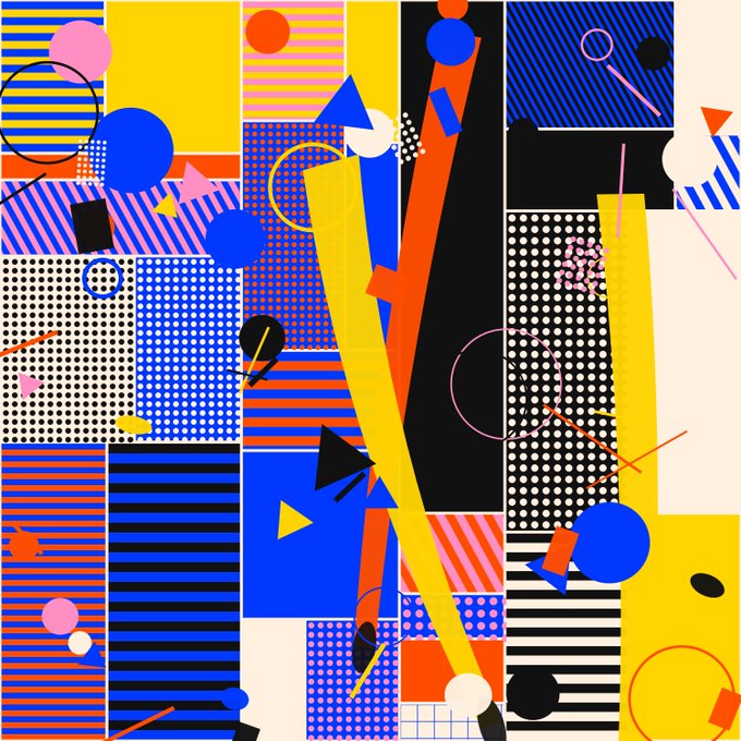 A vibrant abstract geometric artwork featuring bold shapes in blue, yellow, red, pink, and black with various patterns including stripes, polka dots, and halftone dots in a Memphis Design style.