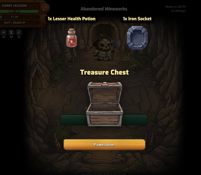A video game screenshot showing a 'Treasure Chest' reward screen in 'Abandoned Mineworks' for character Darby Jackson, awarding a Lesser Health Potion and an Iron Socket.