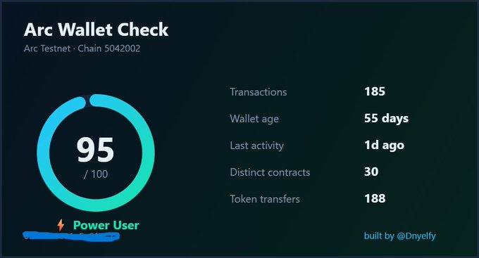 The image features a webpage with an Arc Wallet Check score of 95, displayed in blue and white text against a dark green background. The screenshot also contains some notes about this score at the bottom. What's interesting here is that one of the comments in the description says "now you can see why". This might refer to something specific on the screen or perhaps another piece of information within the screenshot itself, but it's unclear from the image alone what the exact context or content is.