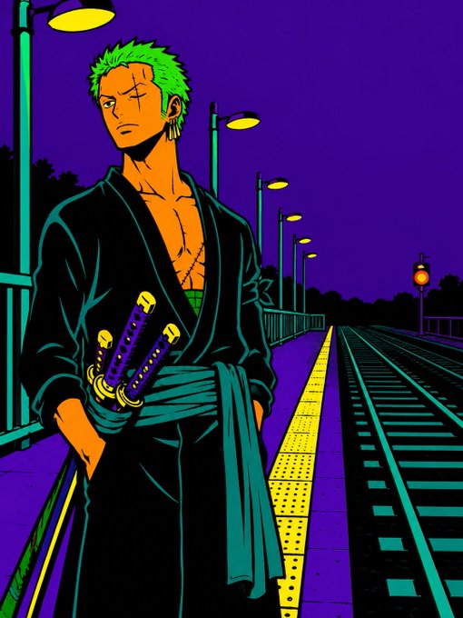 A vibrant anime-style illustration of a green-haired swordsman with a scar across his eye, wearing a black kimono and carrying two purple-hilted swords on a train platform at dusk.