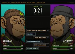 Two cartoon monkey avatars face each other on a game show-style interface with a countdown timer showing 0:21, labeled 'KING BAG' and 'APERTOZZ'.