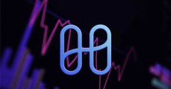 A neon blue "OP" logo displayed against a dark background with pink and purple candlestick chart graphics, suggesting the Optimism cryptocurrency.