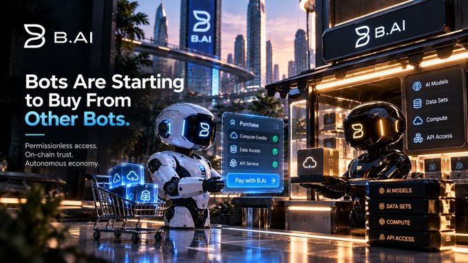 A promotional banner for B.AI featuring two robots at a futuristic store with the headline 'Bots Are Starting to Buy From Other Bots,' promoting permissionless access, on-chain trust, and an autonomous economy.