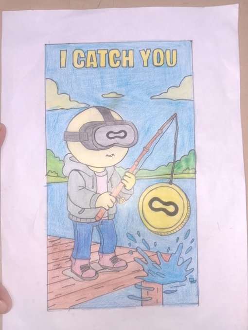 A hand-drawn colored pencil illustration titled 'I CATCH YOU' showing a cartoon character with a Meta VR headset fishing with a rod, catching a yellow Meta-themed coin out of the water.