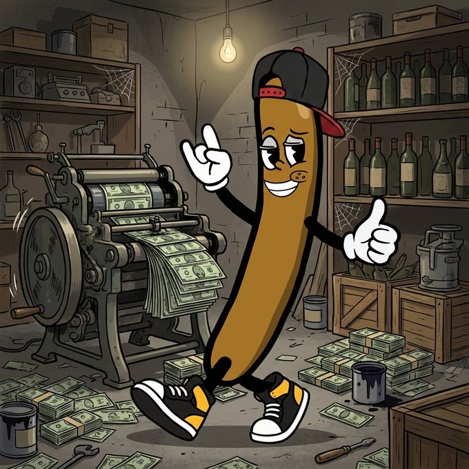 An AI-generated cartoon illustration of an anthropomorphic cigar wearing a red and black cap, standing in a basement next to a money-printing press with stacks of cash.