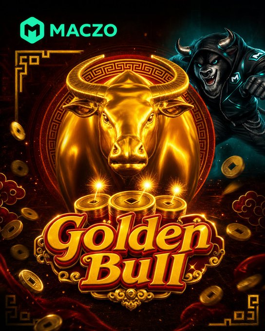 The image features a poster for a slot machine game called "Golden Bull" at Maczo Casino, which is currently live. The poster showcases an illustration of a bull with golden horns, surrounded by gold coins, symbolizing wealth or fortune. A man in a hoodie can be seen standing behind the bull, possibly representing a character from the game's storyline. The text on the poster indicates that this slot machine game is available for play at Maczo Casino and is related to cryptocurrency.