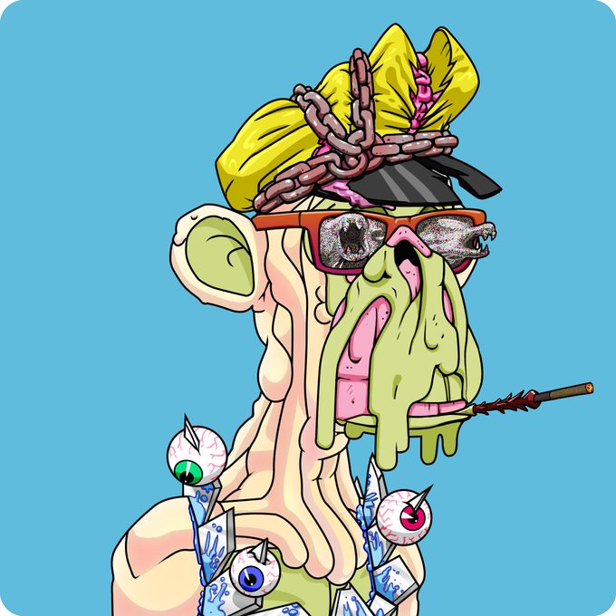 A cartoon illustration of a grotesque, distorted figure with drooping green skin, wearing red sunglasses, a yellow head wrap with chains, and surrounded by eyeballs pierced with spikes.