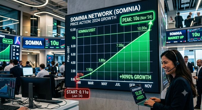 A graphic showing 'SOMNIA NETWORK (SOMNIA)' price action in a trading environment, highlighting a '+9090% GROWTH' from a start of 0.11u in Jan '24 to a peak of 10u in Nov '24.