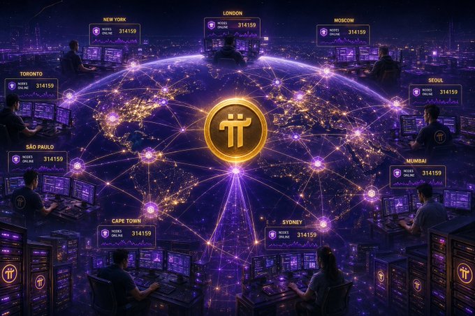A digital illustration showing a global Pi Network with interconnected nodes across cities like New York, London, Moscow, Toronto, Seoul, São Paulo, Mumbai, Cape Town, and Sydney, displaying the number 314159 at each location.