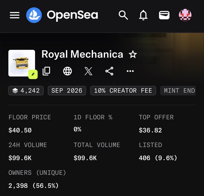 A screenshot of an OpenSea NFT collection page titled "Royal Mechanica" displaying a floor price of $40.50, a top offer of $36.82, and a 24H volume of $99.6K.