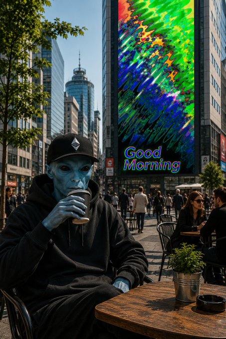 A blue-skinned figure wearing a black hoodie and an Ethereum cap drinks from a coffee cup at a wooden table in a busy city street, with a colorful digital billboard behind displaying 'Good Morning'.