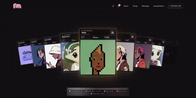 A dark-themed interface displays a curved carousel of NFT collectible cards, with a highlighted "LIL CRYPTOID" punk character (token #18115 of 16,686) in the center, surrounded by other character cards. The top navigation shows "FWA" branding with menu options for Docs, Swap, Manage, and Acquisitions, linking to "rhyming.cfx.eth," while the bottom displays trait categories like Common (19.8%), Uncommon (12.5%), Rare (6.9%), and Epic (6.3%)—visually supporting the creator's claim of dogfooding their own FWA token platform.