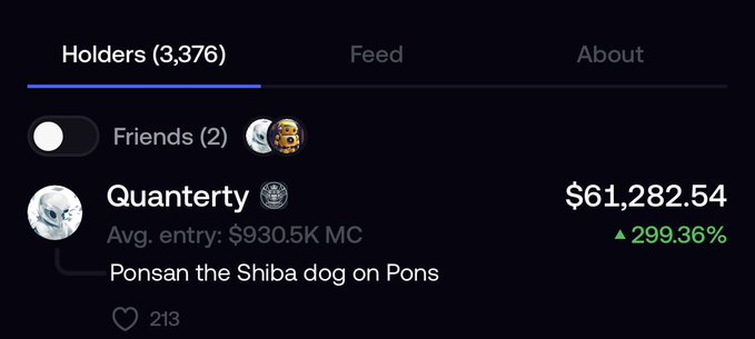 A user posts about a new dog-themed token called "$PONSAN" featuring "Ponsan the Shiba dog," matching the highlighted "Quanterny" holder entry showing a Shiba Inu avatar with a $61,282.54 value (+299.36%) on the Holders tab of the PONS platform.
