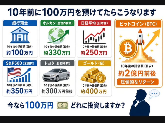 A Japanese investment infographic asking what would happen if you invested 1 million yen today for 10 years, comparing returns in Japanese Yen, Orakan, Nikkei, Bitcoin (approx. 200 million yen), S&P500, Toyota, and Gold.