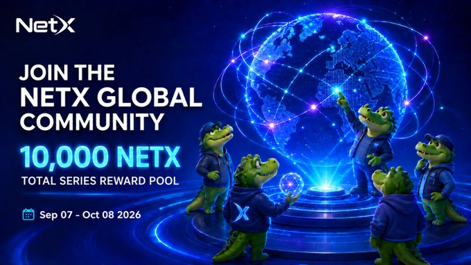 The promotional image features the NetX logo and invites viewers to "JOIN THE NETX GLOBAL COMMUNITY," offering "10,000 NETX TOTAL SERIES REWARD POOL" with dates "Sep 07 - Oct 08 2026." Five cartoon crocodiles wearing blue hoodies gather around a glowing, futuristic blue holographic globe, with one holding a miniature networked Earth, visually symbolizing the global community and AI agent infrastructure mentioned in the accompanying post about connecting AI agents with the on-chain economy.