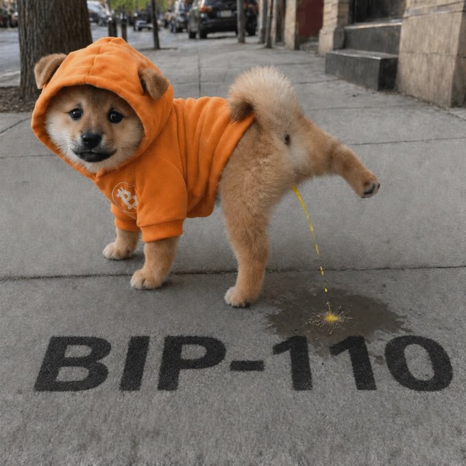 An AI-generated image of a small puppy wearing an orange hoodie urinating yellow liquid onto the text 'BIP-110' written on the ground.