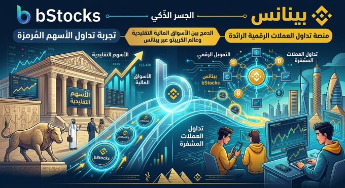 A promotional banner for 'bStocks' featuring Arabic text, a bull statue representing financial markets, illustrations of stock exchange buildings, and people trading on digital devices.