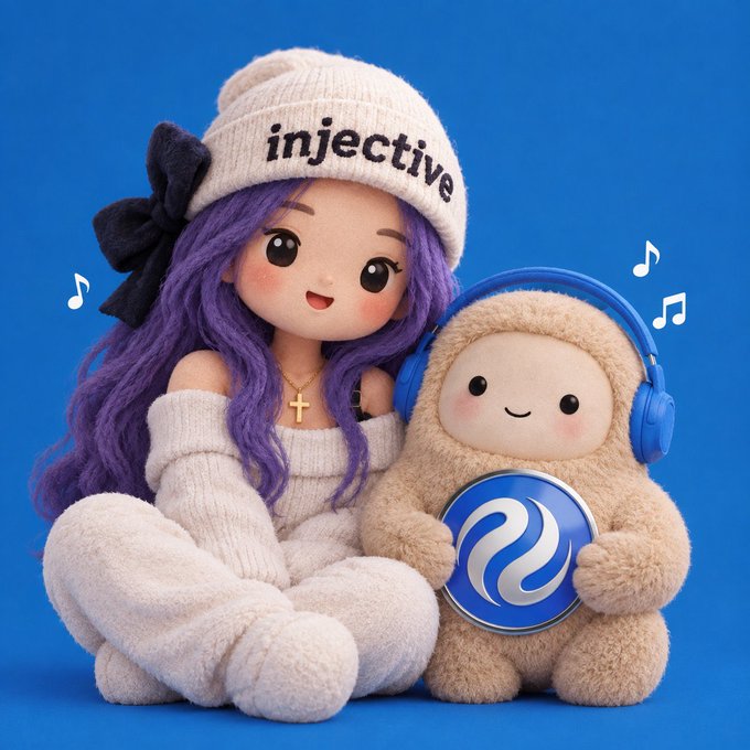 A cute illustration of a doll with purple hair wearing an 'injective' beanie alongside a plush creature wearing blue headphones and holding an Injective logo medallion.