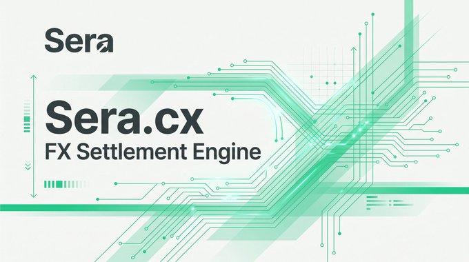 The image displays "Sera" and "Sera.cx FX Settlement Engine" with a circuit board graphic, visually representing the technological solution for simplifying digital currency exchanges mentioned in the post.