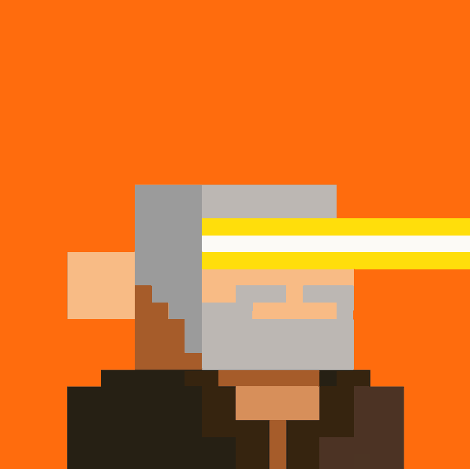 A pixel art image shows a bearded miner-like figure with glowing yellow laser eyes on an orange background, symbolizing Bitcoin mining. The image accompanies a post celebrating Bitcoin's healthy blockspace market, where low fees of 1 sat/vB (~$0.30) demonstrate that anyone can transact globally without congestion.