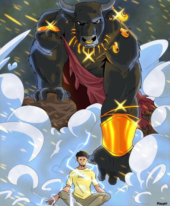 A massive glowing bull with golden hooves towers over a meditating man in a yellow shirt reading "Ansem" surrounded by lightning and smoke, symbolizing power and market energy tied to the $Ansem crypto community.