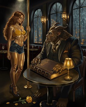 A digital painting depicting a lion-headed man in a suit sitting at a table with an old book in a dimly lit room, while a woman in a bikini top and denim shorts holding a pole stands nearby.