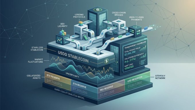 Infographic illustrating 'USDD STABLECOIN' architecture, showing components like lending protocols, cross-chain bridges, peer-to-peer payments, and reserves for BTC, ETH, TRX, and USDD.