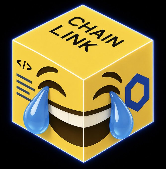 A stylized yellow cube character with a laughing/crying emoji face labeled 'CHAIN LINK,' featuring the Chainlink logo on one side and a code '</>' symbol on another, set against a black background.