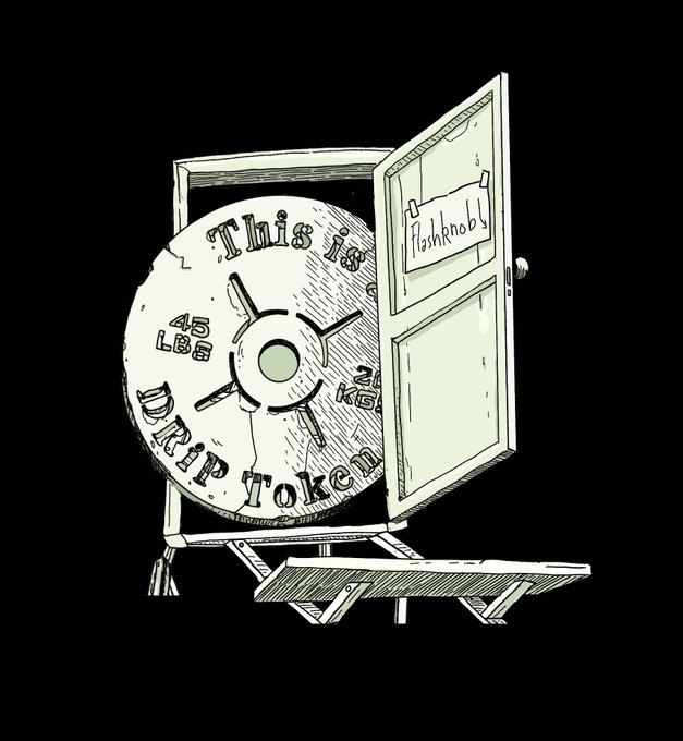 An illustrated sketch shows a "DRIP" 45 LBS token prize wheel housed in a wooden cabinet labeled "Flashbots," with the door open to reveal the spinning wheel. The image cleverly ties into the post's theme by personifying the tweet as a prize wheel giveaway, suggesting the next post should award "DRIP tokens" as a reward.
