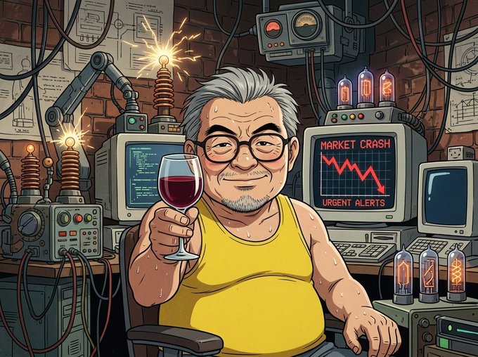 A stylized illustration shows a smiling older man with glasses holding a glass of red wine, seated in front of computer monitors displaying a 'MARKET CRASH' downward graph and 'URGENT ALERT' amid sparking machinery and glowing vacuum tubes.