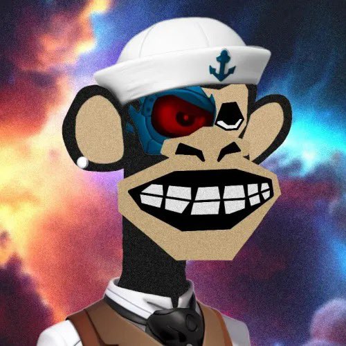 A digital illustration of a monkey character wearing a white sailor hat with an anchor, showing a red robotic eye and a wide grinning mouth against a colorful cosmic background.