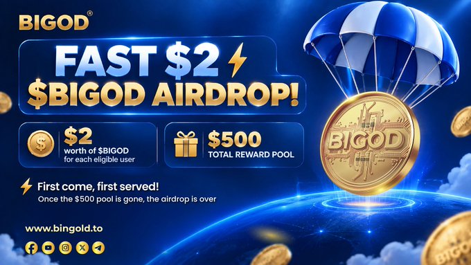 A promotional graphic for a "$BIGOD Airdrop" featuring the Bigod logo, a blue and gold parachute delivering a gold "BIGOD" coin, and key details including "FAST $2," a "$500 total reward pool," and the website "www.bingold.to" with social media icons, complementing the post's announcement of a first-come, first-served airdrop offering $2 worth of $BIGOD to eligible users.