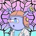 Partial view of a cartoon character with blue skin, blonde hair, and sunglasses against a stained-glass window background, with handwritten text and small symbols at the top.
