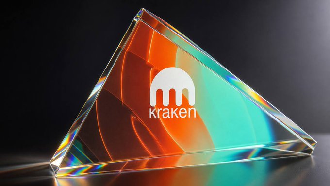 A crystalline prism etched with the Kraken logo refracts vibrant orange and teal light, symbolizing the crypto exchange's expansion into traditional banking services like payments, lending, custody, and asset management outside the US.