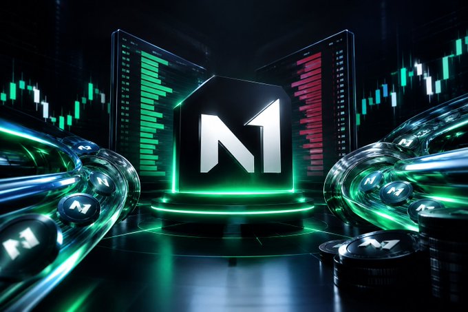 A glowing digital graphic showing the 'M1' token logo surrounded by cryptocurrency coins and stock market charts in green and red.