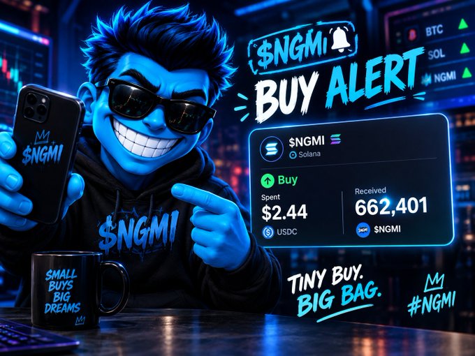 A blue-skinned cartoon character wearing sunglasses and a $NGMI hoodie holds a phone displaying a crypto buy alert for $NGMI on Solana, spending $2.44 USDC to receive 662,401 tokens, with text reading 'TINY BUY. BIG BAG.'