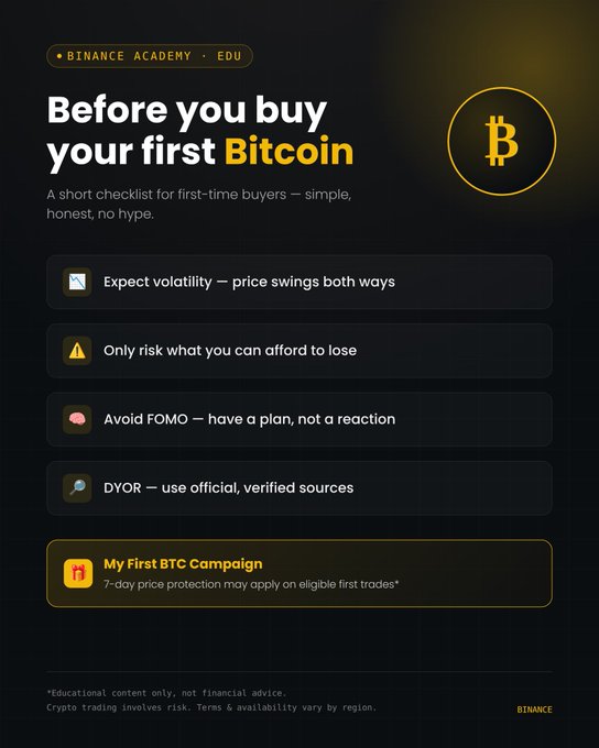 A Binance Academy graphic titled 'Before you buy your first Bitcoin' presents a checklist including volatility, risk management, avoiding FOMO, and DYOR.