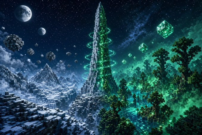 A fantasy digital artwork depicting a futuristic landscape with a glowing green spiral tower, floating cubes, voxel-style terrain, lush trees, and planets in the starry sky.