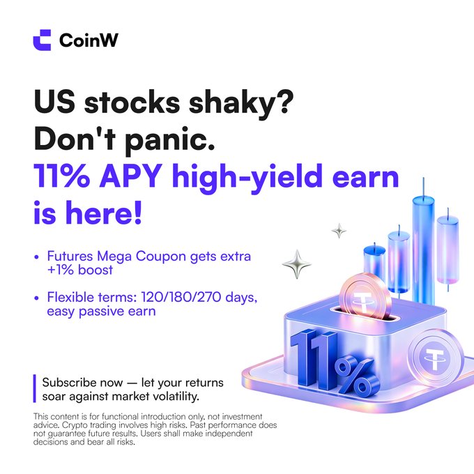 CoinW crypto exchange advertisement promoting an "11% APY high-yield earn" product, featuring a purple and pink 3D illustration of a coin slot labeled "11%" with stacked coins and candlestick charts. The ad mentions flexible terms of 120/180/270 days and a "Futures Mega Coupon +1% boost," aligning with the post's message about locking USDT to earn passive yield during market volatility.