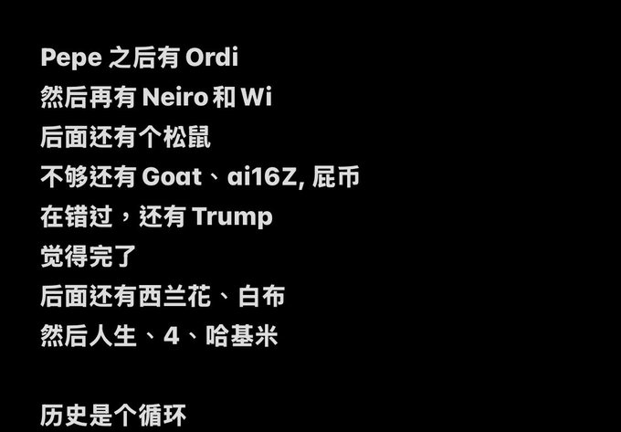 The image displays Chinese text on a black background listing various trending cryptocurrencies and meme coins in chronological order: "Pepe 之后有 Ordi, 然后再有 Neiro 和 Wi, 后面还有个松鼠, 不够还有 Goat、ai16Z, 屁币, 在错过, 还有 Trump, 觉得完了, 后面还有西兰花、白布, 然后人生、4、哈基米... 历史是个循环" (After Pepe came Ordi, then Neiro and Wi, then a squirrel, plus Goat, ai16Z, fart coin, while missing out, then Trump, thought it was over, then broccoli, white cloth, then life, 4, Hakimi... history is a cycle).

This relates to the post by illustrating the FOMO-inducing cycle of new meme coin narratives constantly emerging (Pepe, Ordi, Neiro, Goat, Trump, etc.), reinforcing the author's point about feeling overwhelmed by endless opportunities, which the accompanying caption addresses by explaining how they