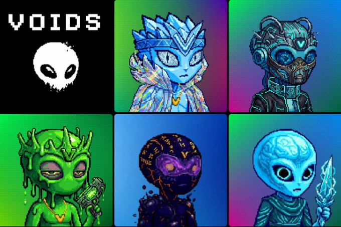 A six-panel grid featuring various stylized alien and sci-fi characters on green and blue gradient backgrounds. The top left panel displays the word "VOIDS" above a pixelated white alien head, with other panels showing icy, robotic, liquid green, and dark shadowy alien figures.