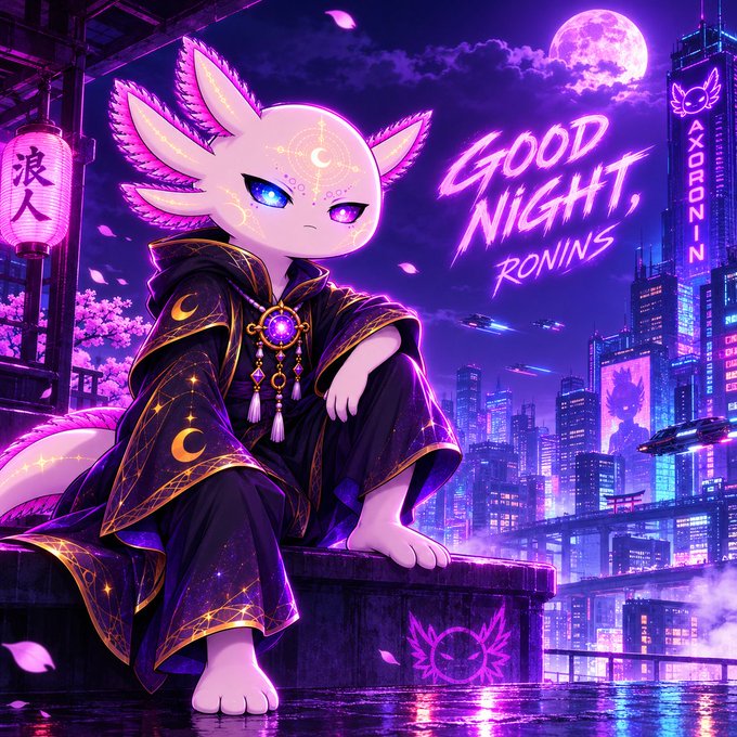 An anime-style illustration of a pink axolotl-like creature wearing a starry purple robe, sitting on a rooftop overlooking a neon-lit cyberpunk cityscape, with text reading 'GOOD NIGHT, RONINS' and a lantern showing '浪人'.