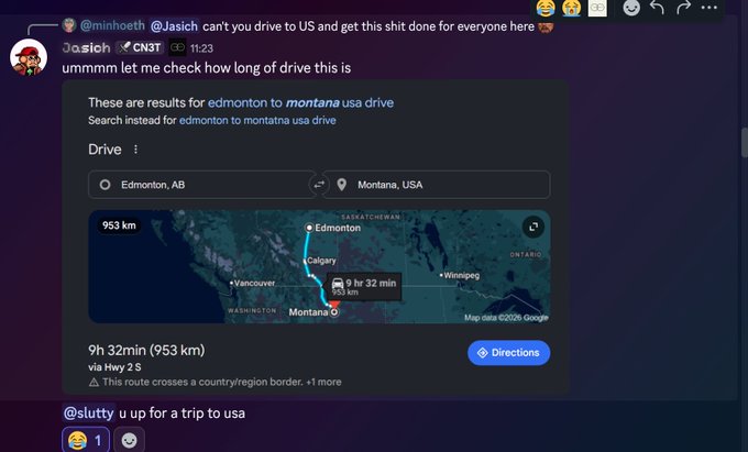 Discord screenshot showing user @Jasich looking up a drive from Edmonton, AB to Montana, USA, showing 953 km / 9 hr 32 min via Hwy 2 S.