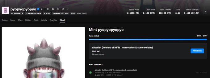 NFT minting page for 'pyopyopyo' collection showing 4,444/4,444 items minted with floor price 0.1180 ETH and owners 1,452 (32.7%).