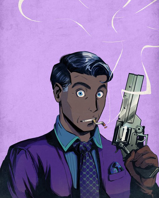 A comic book style illustration of a man with dark hair wearing a purple suit and bow tie, smoking a cigarette while holding a large silver revolver.
