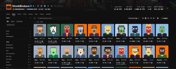 The StonkBrokers marketplace interface displays a grid of pixel-art NFT avatars with various traits like beards and glasses, each listed with their stonk symbol and ETH price.